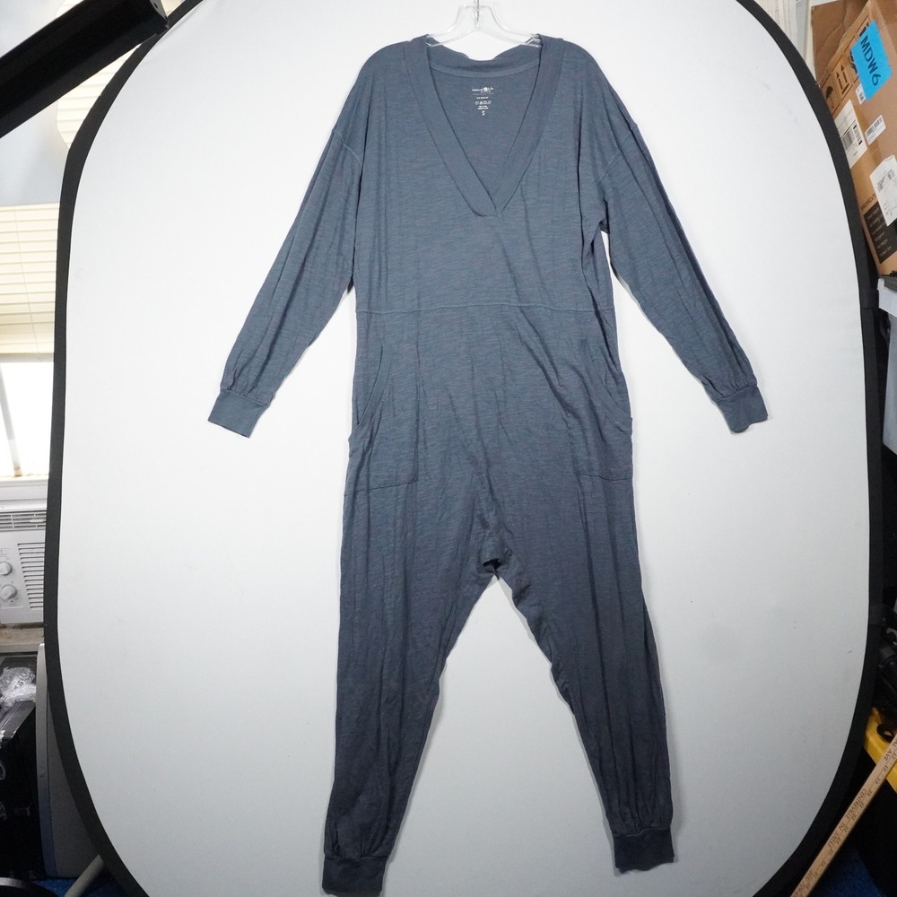 Natural Life Blue Gray Oversize Cotton Slub V-Neck Long Sleeve Jogger Jumpsuit S